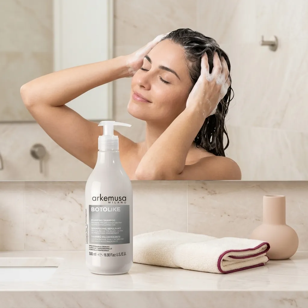 Γυναίκα λούζει τα μαλλιά της με BOTOLIKE Plumping Shampoo σε φωτεινό premium μπάνιο